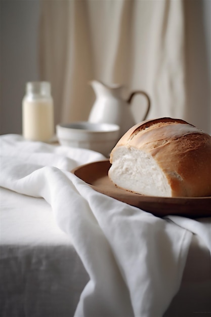 Handmade loaf of bread on a plate on white linen cloth with soft folds Light and airy mood