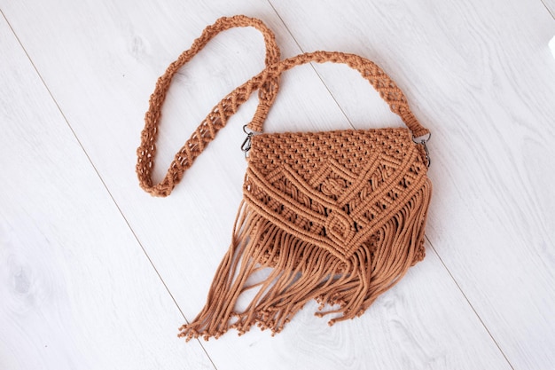 Handmade macrame cotton srossbody bag Eco bag for women from cotton rope Scandinavian style bag Brown color sustainable fashion accessories Details Close up image