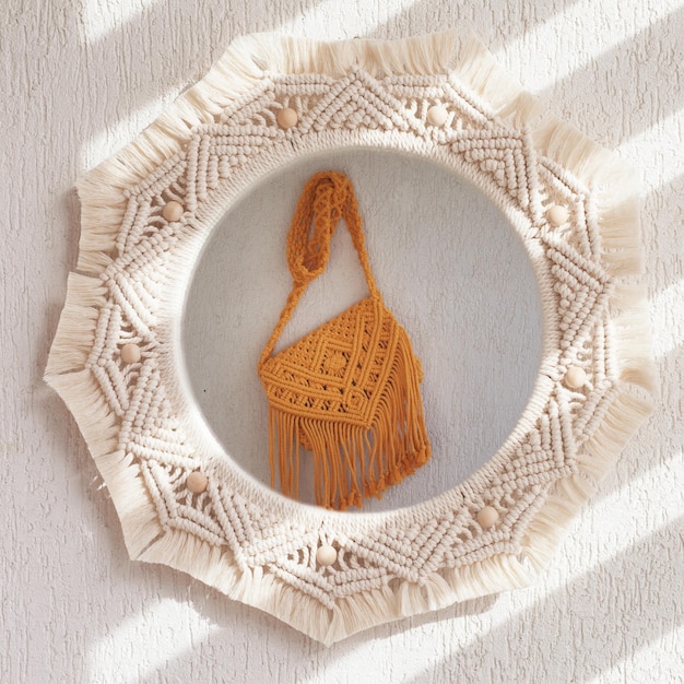 Handmade macrame cotton srossbody bag mirror reflection eco bag\
for women from cotton rope scandinavian style bag yellow color\
sustainable fashion accessories details close up image