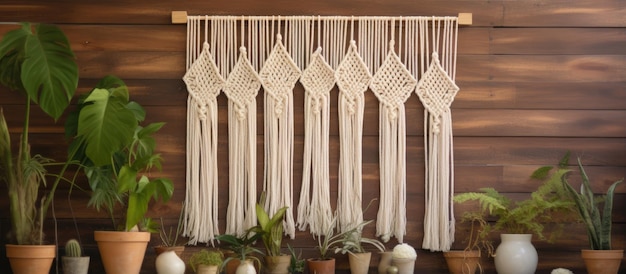 Foto tessuto a mano di macrame con fili di cotone su un bastone di legno rustico che combina stili scandinavi e boho per una casa accogliente e rispettosa dell'ambiente