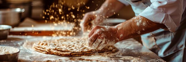 Handmade Matzah bread being prepared in a kitchen showcasing the traditional baking process Generative AI