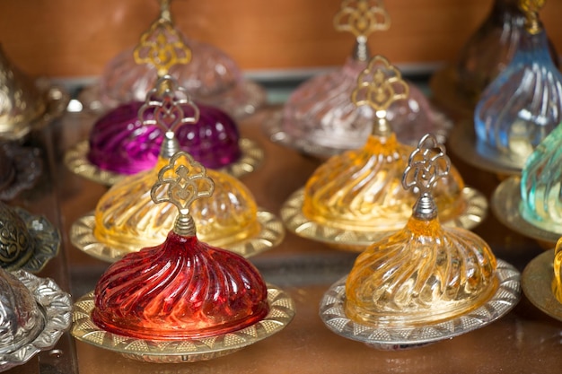 Handmade multicolor Turkish cups in market