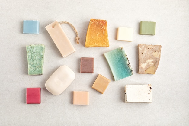 Handmade natural bar soaps. Ethical, sustainable zero waste lifestyle. DIY, hobby, artisan small business idea. Top view, mockup