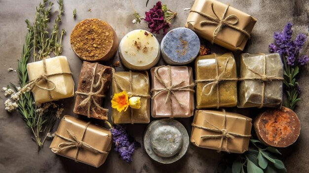 Handmade natural cosmetics such as artisan soaps bath bombs and body scrubs AI generated