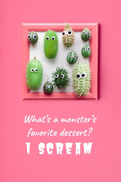 Handmade natural monsters with googly eyes made from natural spiky deco fruits in square frame on vibrant punk background Autumn Fall funny handmade small tiny Halloween monsters