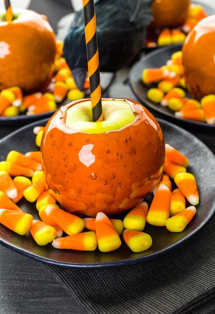 Handmade orange candy apples for halloween