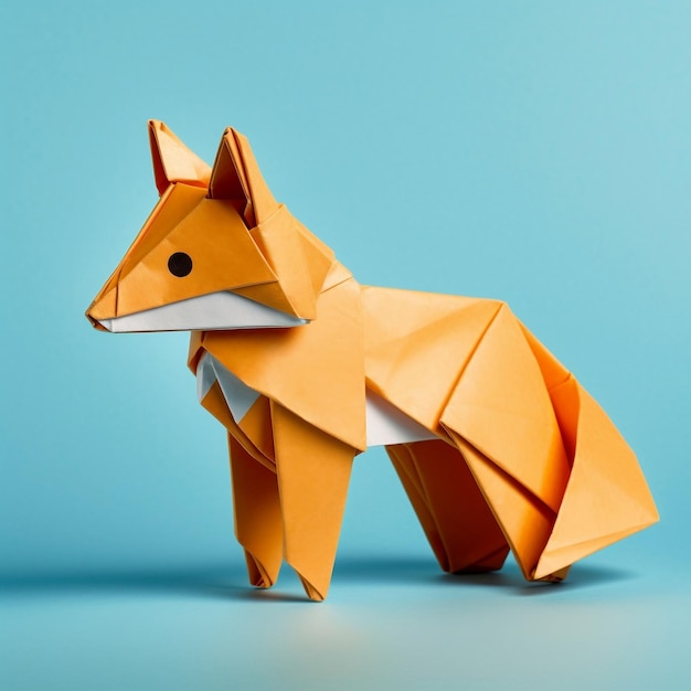Handmade orange paper fox on light blue background Generative AI