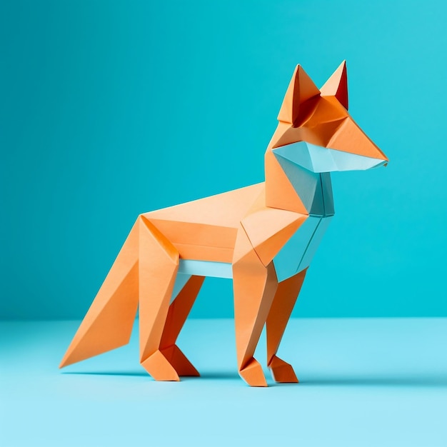 Handmade orange paper fox on light blue background Generative AI