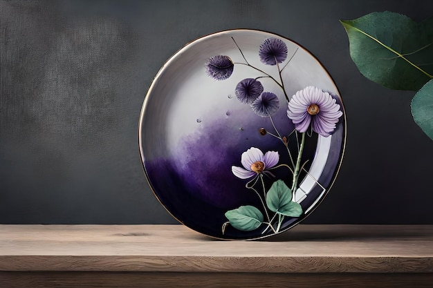 Handmade painted Center of ceramic plate is hand painted by brown black abstract floral print AI