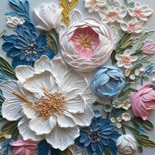 A handmade paper flower arrangement with a pink and blue flower.