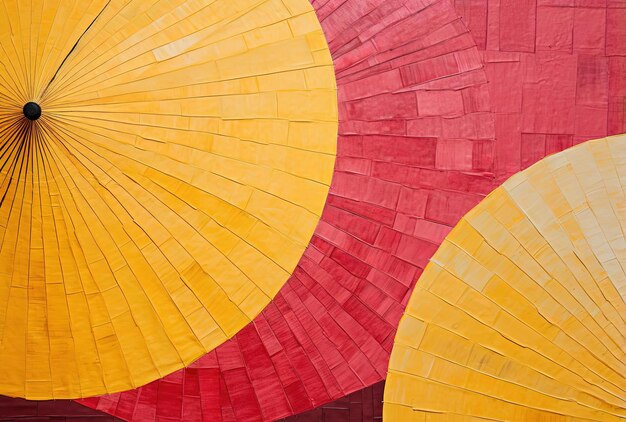 Handmade paper umbrellas in the style of abstract weavings yellow and red aerial view