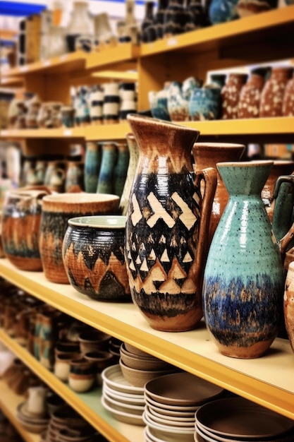 Handmade pottery displayed in a craft store created with generative ai