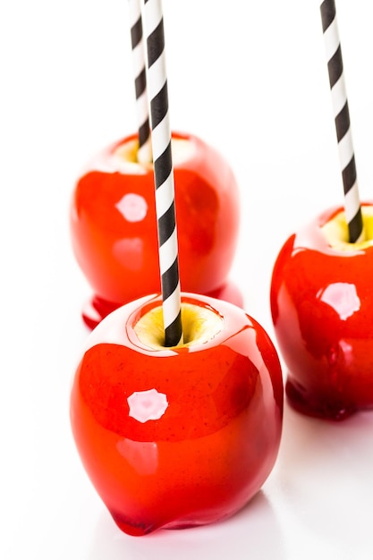 Photo handmade red candy apples for halloween.