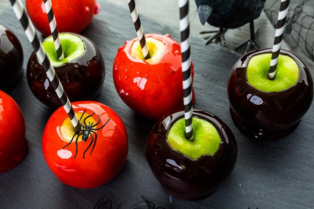 Handmade red candy apples for Halloween.