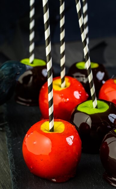 Handmade red candy apples for Halloween.