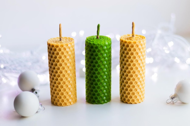 Handmade rolled beeswax candles tied with jute rope Holiday present Eco Christmas gift