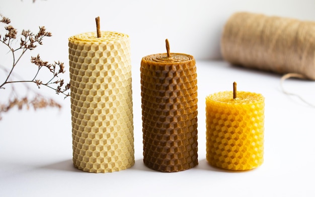 Handmade rolled beeswax candles tied with jute rope Holiday present Eco gift