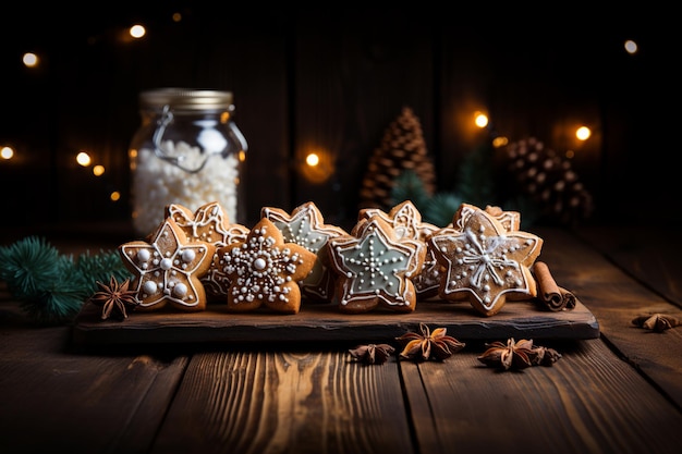 Photo handmade round starshaped christmas cookies on wooden table