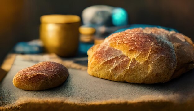 Handmade rustic italian bread baked on the rustic wooden table gourmet bakery backdrop Illustration