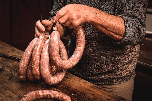 Handmade sausage preparation Argentine tradition Pampas Patagonia