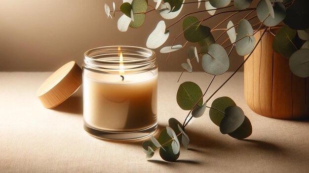 handmade scented candle glowing within a glass jar placed beside branch of eucalyptus