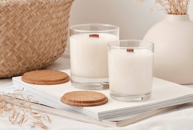 Handmade scented candles in a glass with a wooden lid soy wax candles with a wooden wick