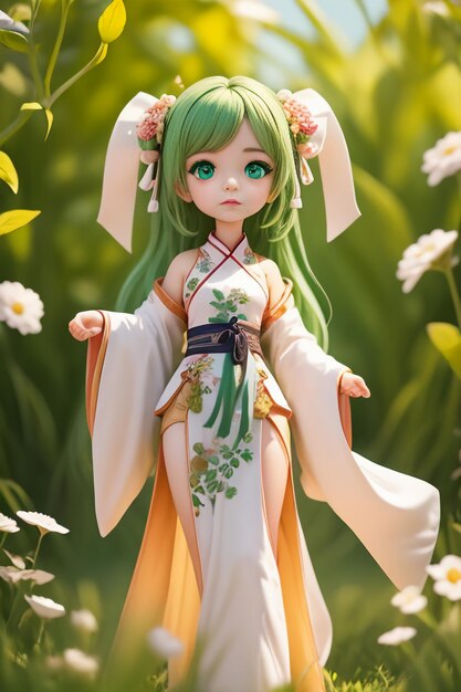 Handmade sculpture of beautiful woman character model on green background cartoon girl illustration