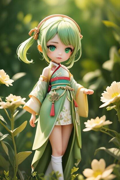 Handmade sculpture of beautiful woman character model on green background cartoon girl illustration