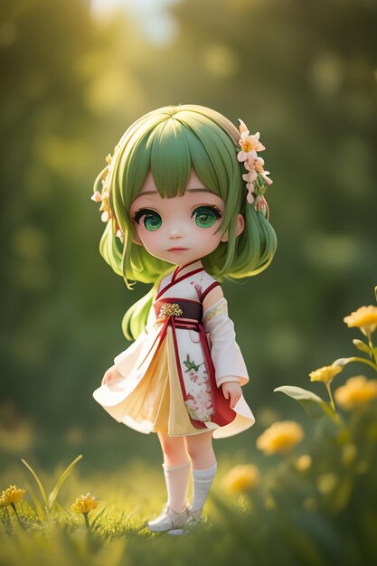 Handmade sculpture of beautiful woman character model on green background cartoon girl illustration