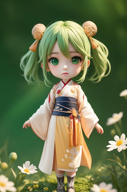 Handmade sculpture of beautiful woman character model on green background cartoon girl illustration