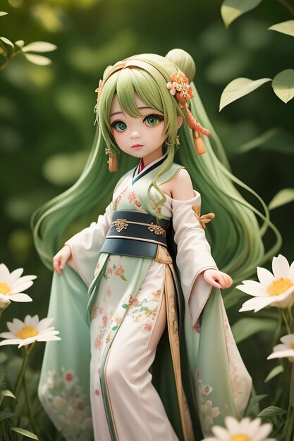 Handmade sculpture of beautiful woman character model on green background cartoon girl illustration