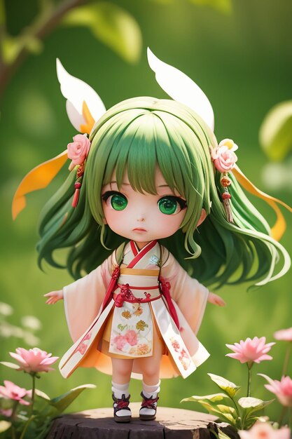 Handmade sculpture of beautiful woman character model on green background cartoon girl illustration