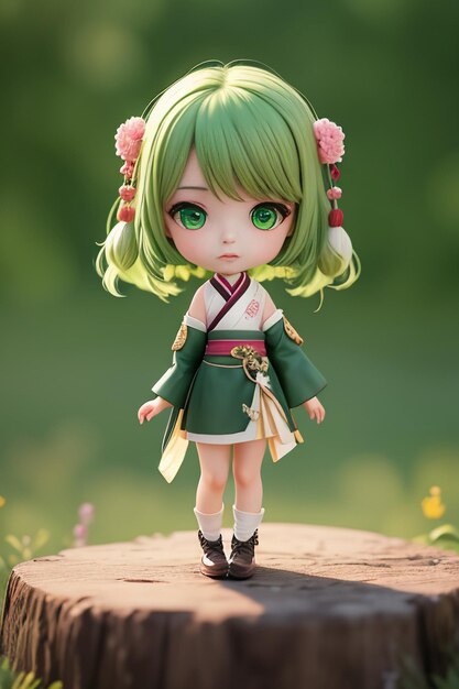 Handmade sculpture of beautiful woman character model on green background cartoon girl illustration