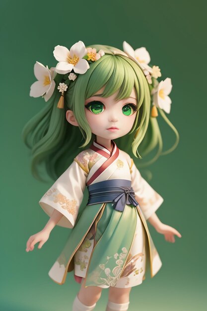 Handmade sculpture of beautiful woman character model on green background cartoon girl illustration