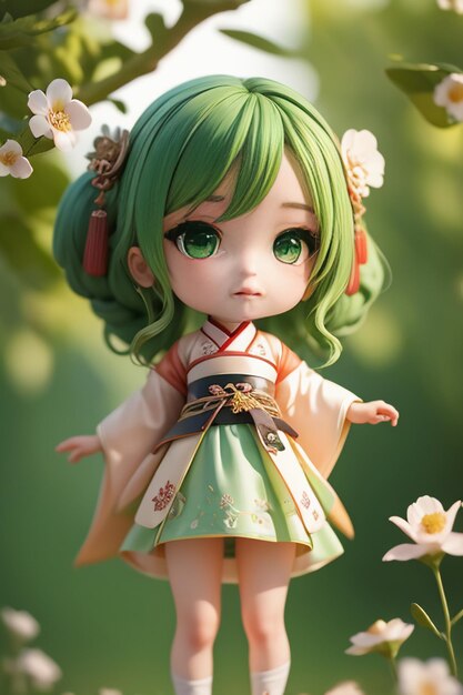 Handmade sculpture of beautiful woman character model on green background cartoon girl illustration