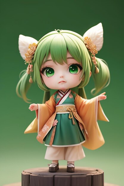 Handmade sculpture of beautiful woman character model on green background cartoon girl illustration