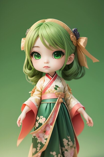 Handmade sculpture of beautiful woman character model on green background cartoon girl illustration