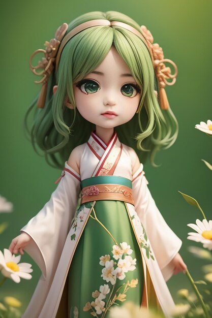 Handmade sculpture of beautiful woman character model on green background cartoon girl illustration