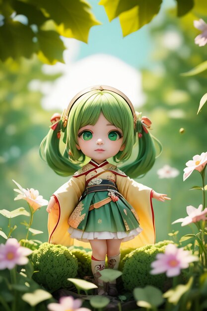 Handmade sculpture of beautiful woman character model on green background cartoon girl illustration