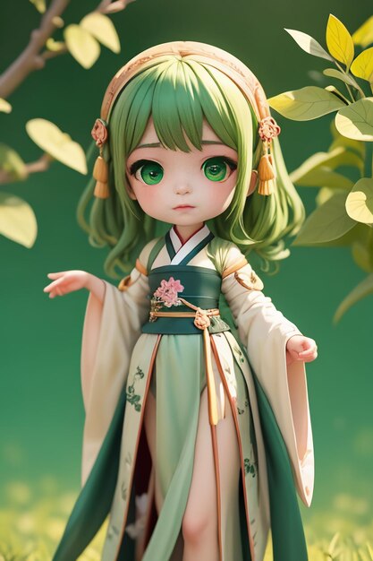 Handmade sculpture of beautiful woman character model on green background cartoon girl illustration