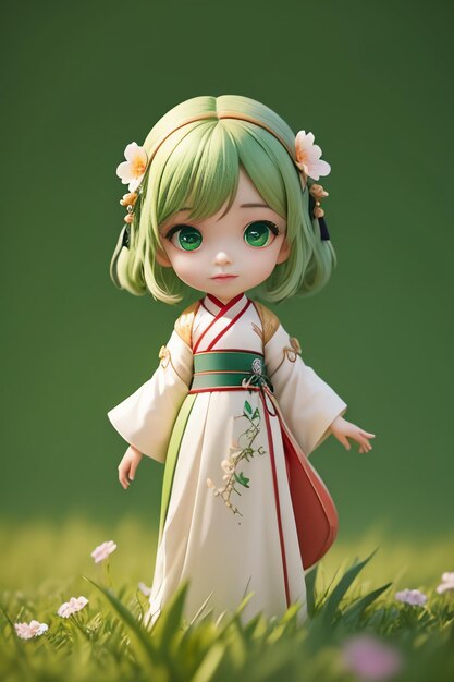 Handmade sculpture of beautiful woman character model on green background cartoon girl illustration