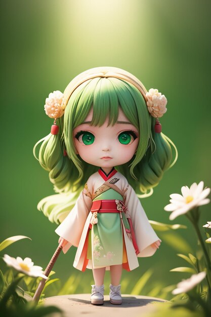 Handmade sculpture of beautiful woman character model on green background cartoon girl illustration