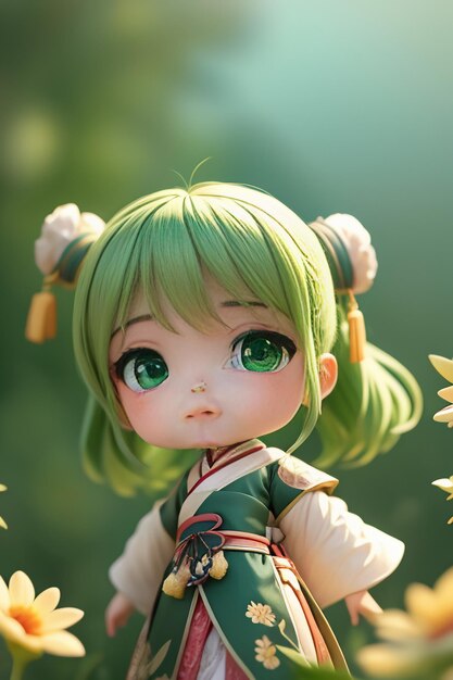 Handmade sculpture of beautiful woman character model on green background cartoon girl illustration