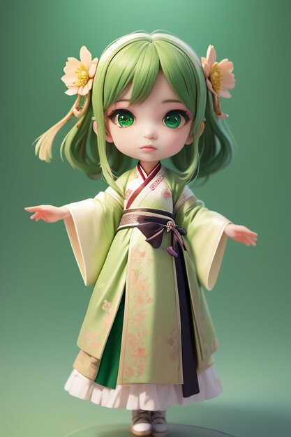 Handmade sculpture of beautiful woman character model on green background cartoon girl illustration