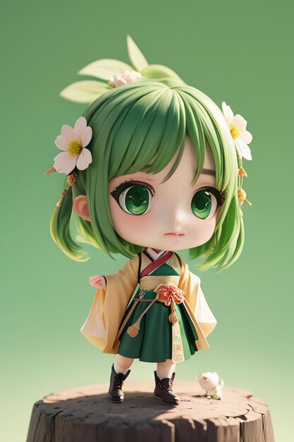 Handmade sculpture of beautiful woman character model on green background cartoon girl illustration