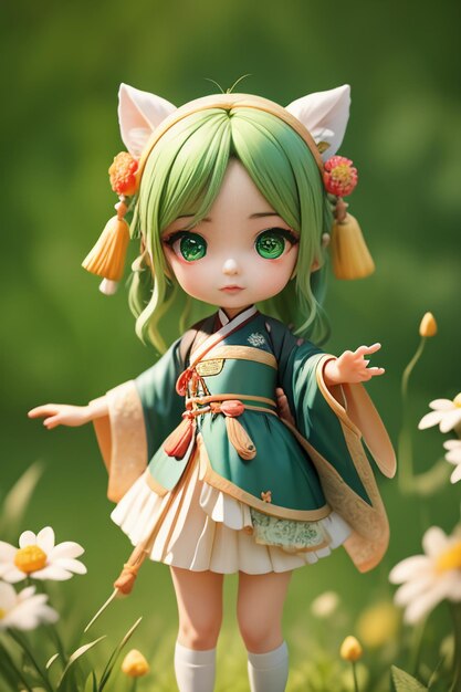 Handmade sculpture of beautiful woman character model on green background cartoon girl illustration