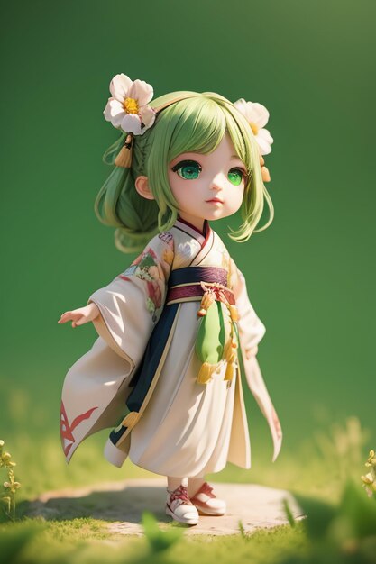 Handmade sculpture of beautiful woman character model on green background cartoon girl illustration