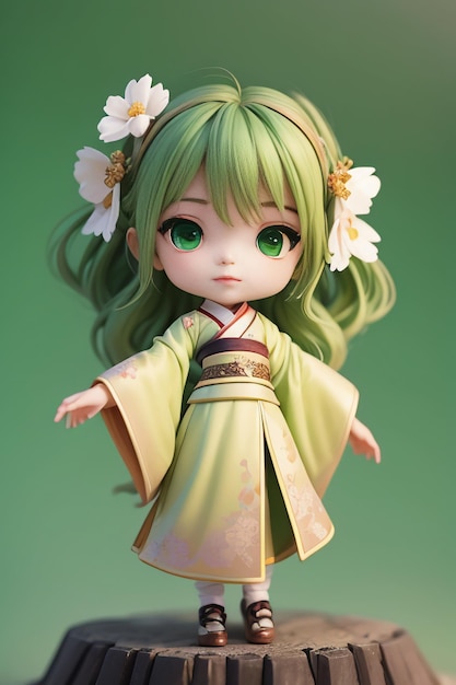 Handmade sculpture of beautiful woman character model on green background cartoon girl illustration