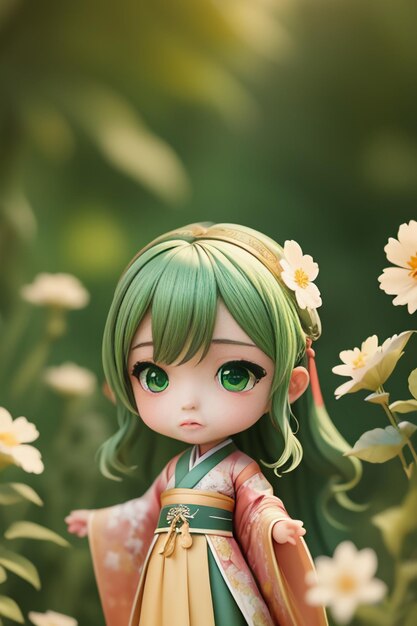 Handmade sculpture of beautiful woman character model on green background cartoon girl illustration