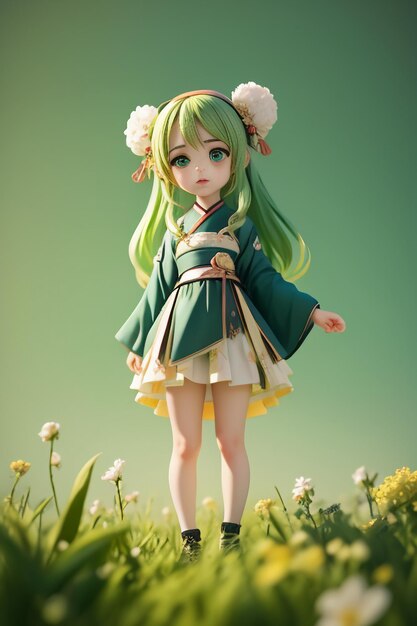 Handmade sculpture of beautiful woman character model on green background cartoon girl illustration